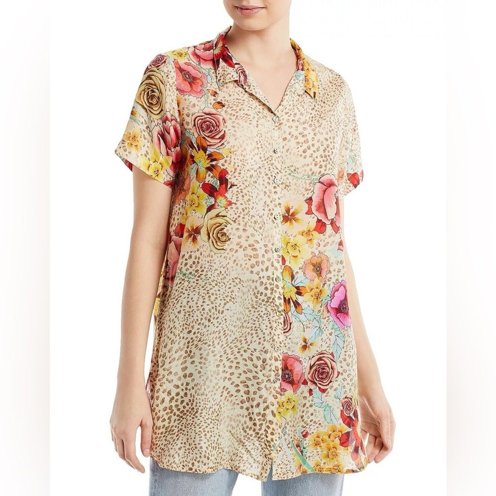 Johnny Was Hera Calia 100% Silk Floral Leopard Tunic Top